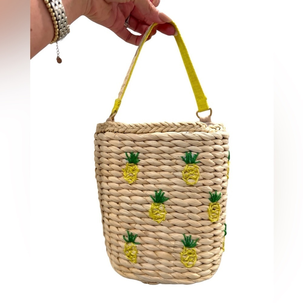Rachel Ashwell Woven Bucket Bag Purse with Pineapple Embroidery